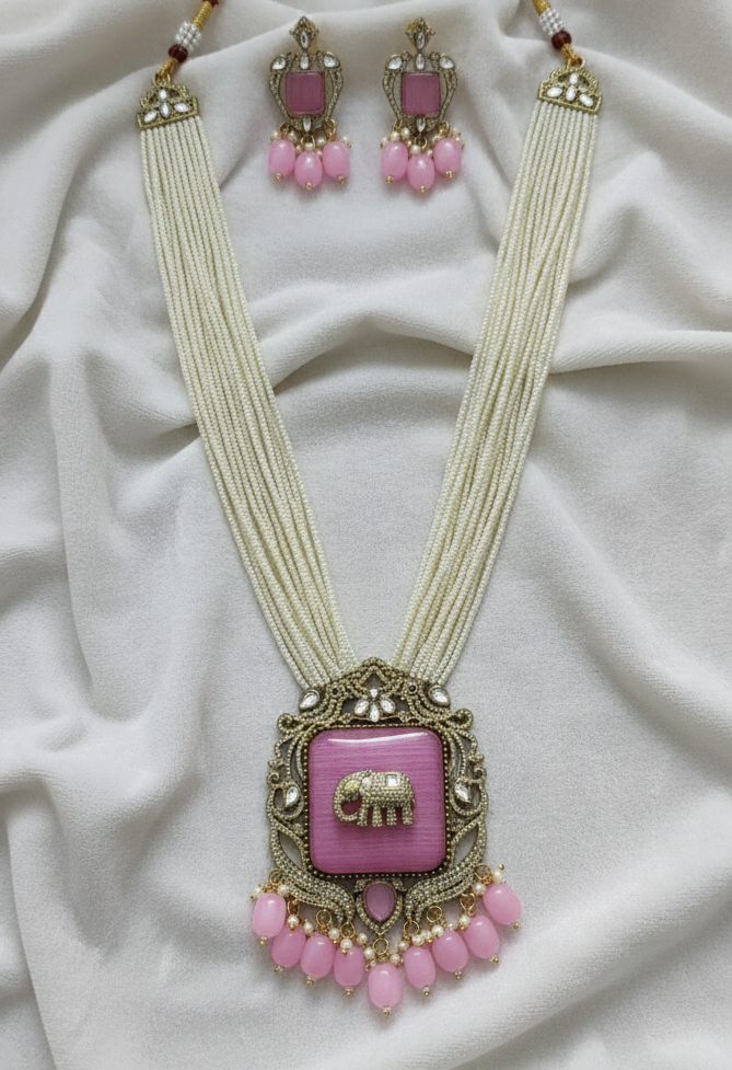 Antique Gold Plated Elephant Baby Pink Multi Layer Pearl Bridal Jewelry Set with Earrings