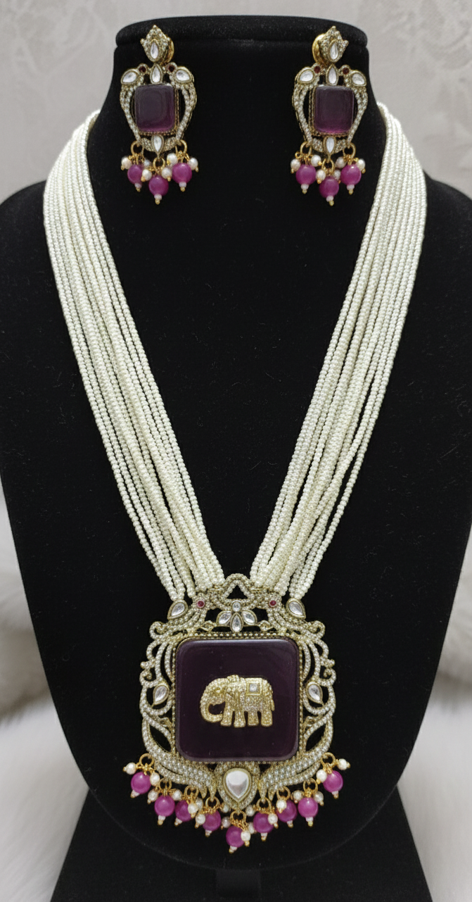 Women Antique Gold Plated Multi Layer Pearl Elephant Charm Purple Jewelry Set