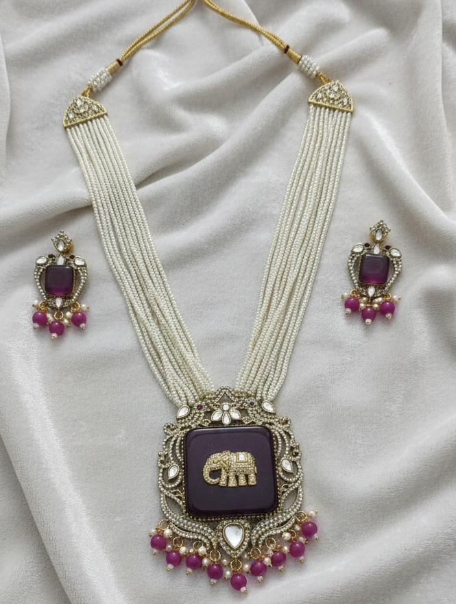 Women Antique Gold Plated Multi Layer Pearl Elephant Charm Purple Jewelry Set