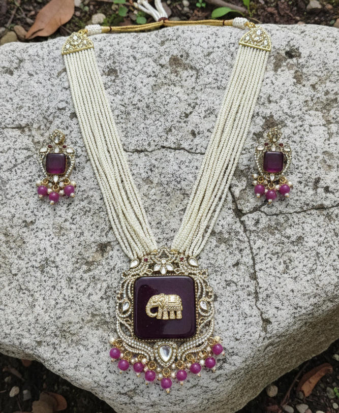 Women Antique Gold Plated Multi Layer Pearl Elephant Charm Purple Jewelry Set