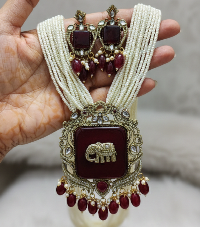 Red Antique Gold Plated Multi Layer Peral Elephant Charm Jewelry Set for Women