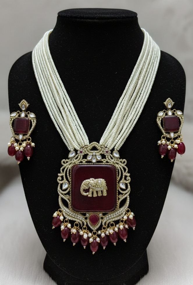 Red Antique Gold Plated Multi Layer Peral Elephant Charm Jewelry Set for Women