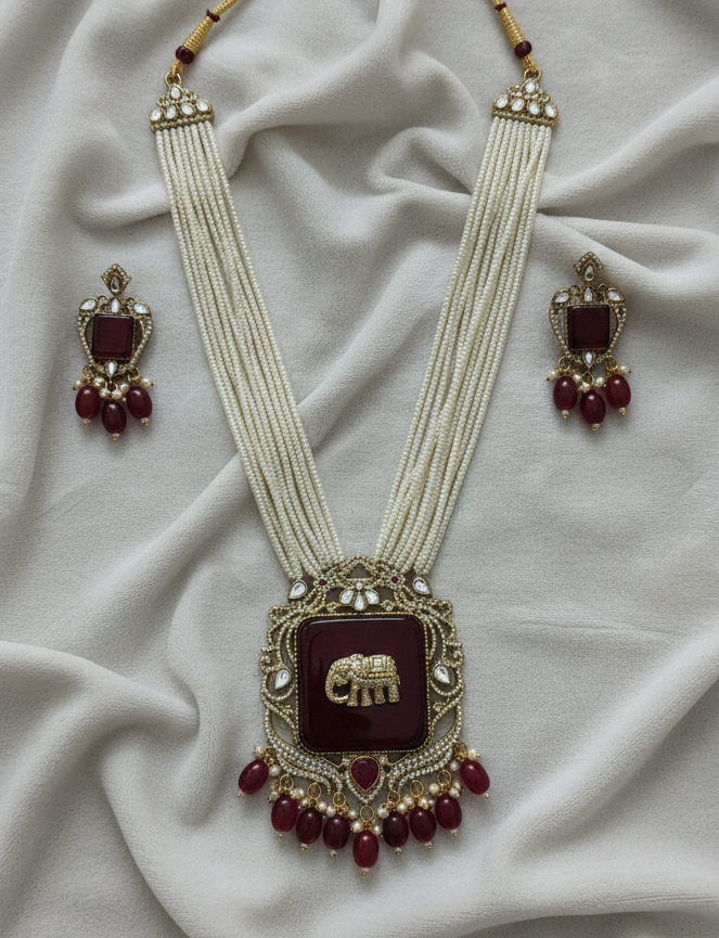 Red Antique Gold Plated Multi Layer Peral Elephant Charm Jewelry Set for Women