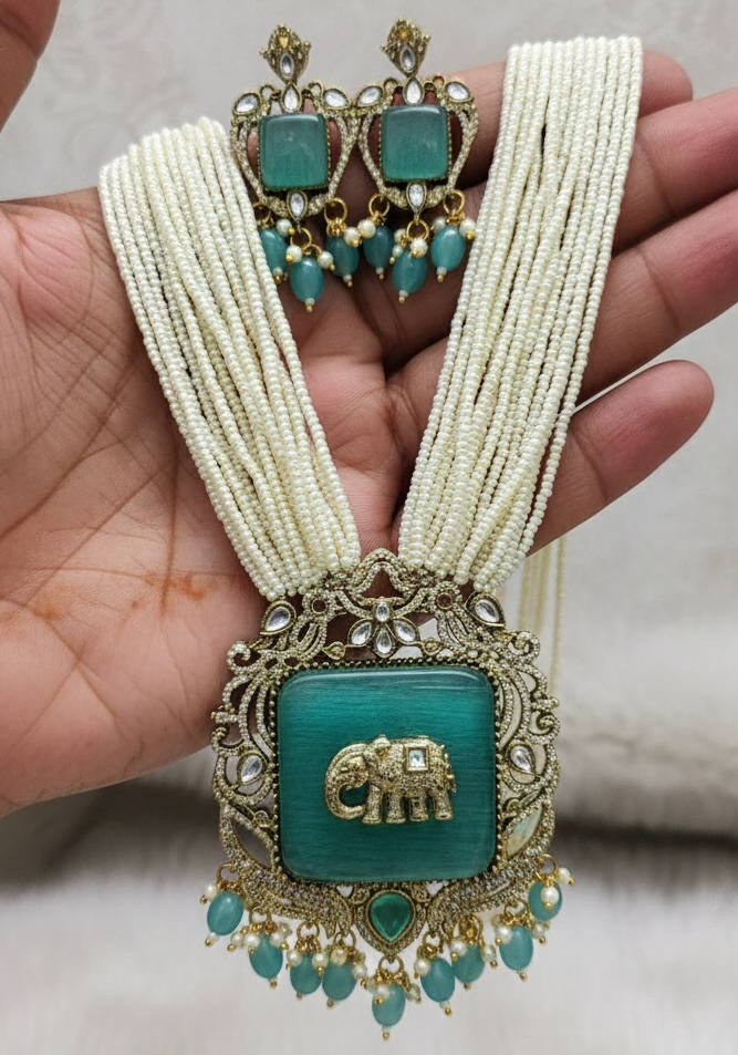 Mint Green Antique Gold Plated Multi-Layer Pearl Elephant Charm Jewelry Set For Women