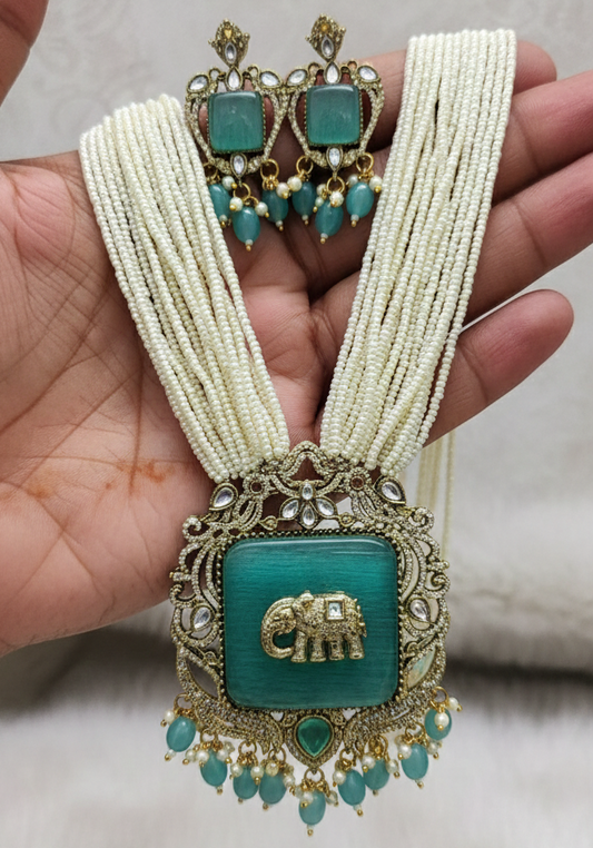 Mint Green Antique Gold Plated Multi-Layer Pearl Elephant Charm Jewelry Set For Women
