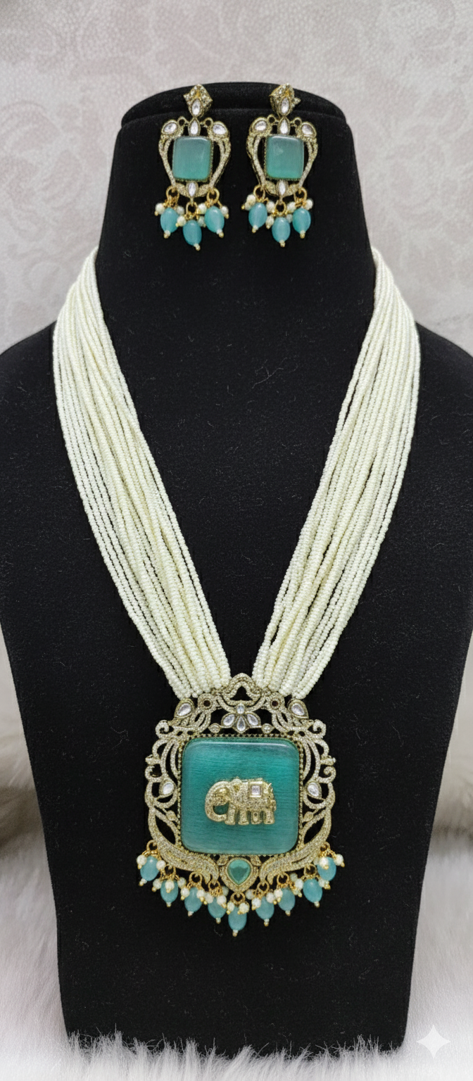 Mint Green Antique Gold Plated Multi-Layer Pearl Elephant Charm Jewelry Set For Women