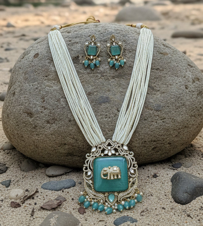 Mint Green Antique Gold Plated Multi-Layer Pearl Elephant Charm Jewelry Set For Women