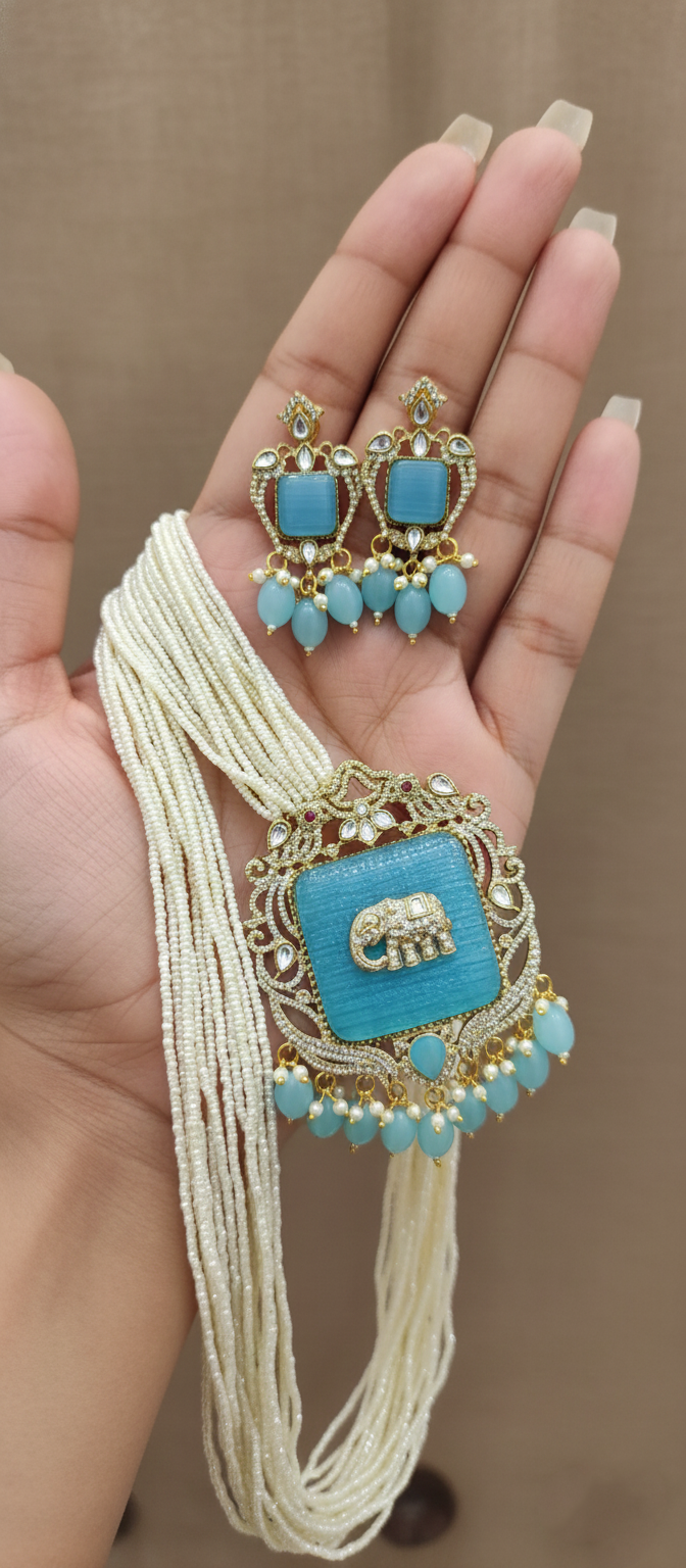 Women Antique Gold Plated Turquoise Multi Layer Pearl Elephant Charm Jewelry Set