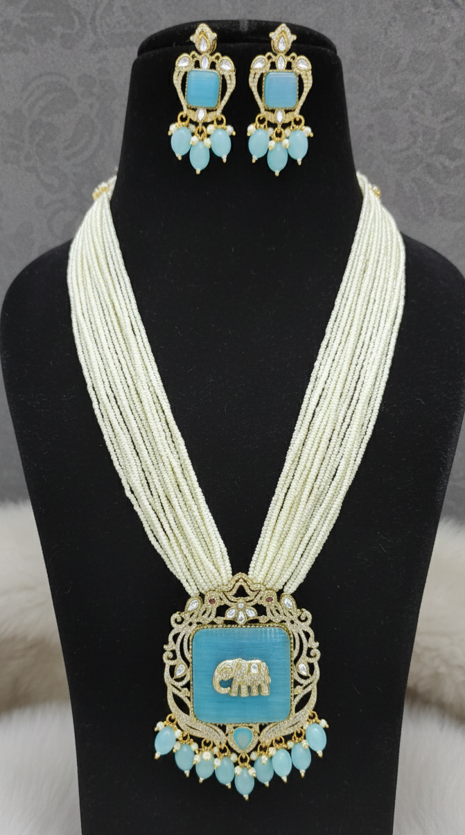 Women Antique Gold Plated Turquoise Multi Layer Pearl Elephant Charm Jewelry Set