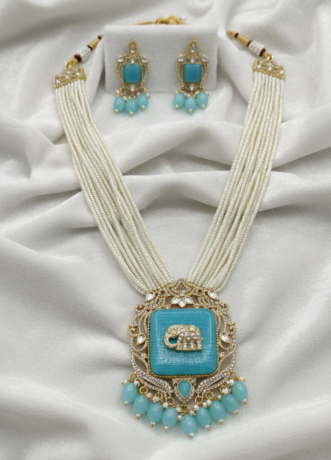 Women Antique Gold Plated Turquoise Multi Layer Pearl Elephant Charm Jewelry Set