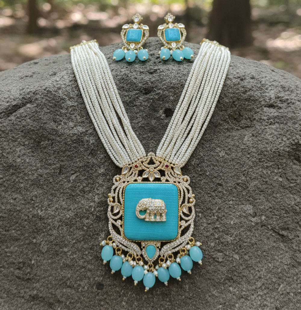 Women Antique Gold Plated Turquoise Multi Layer Pearl Elephant Charm Jewelry Set