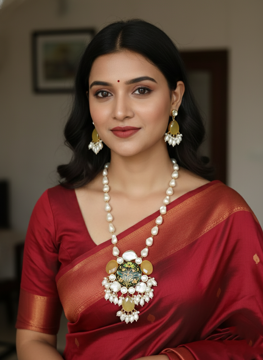 Women Handcrafted Meenakari Bridal Jewelry Set with Natural Rough Pearls & Mozonite Stones