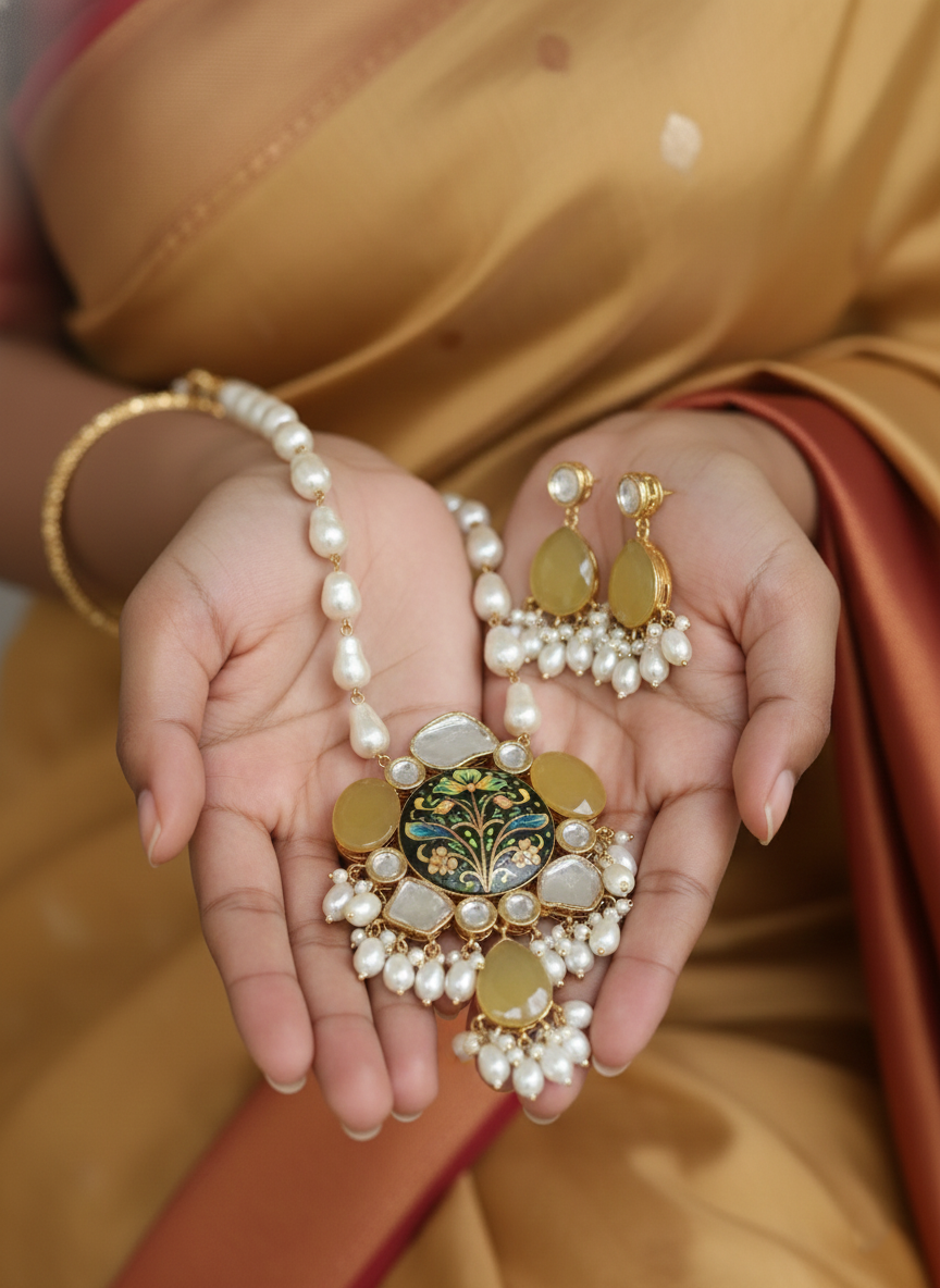 Women Handcrafted Meenakari Bridal Jewelry Set with Natural Rough Pearls & Mozonite Stones