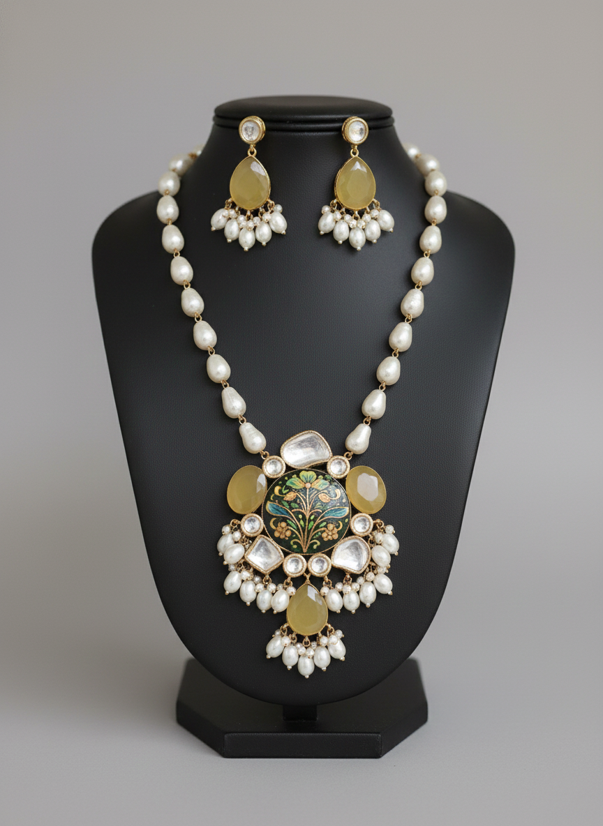 Women Handcrafted Meenakari Bridal Jewelry Set with Natural Rough Pearls & Mozonite Stones