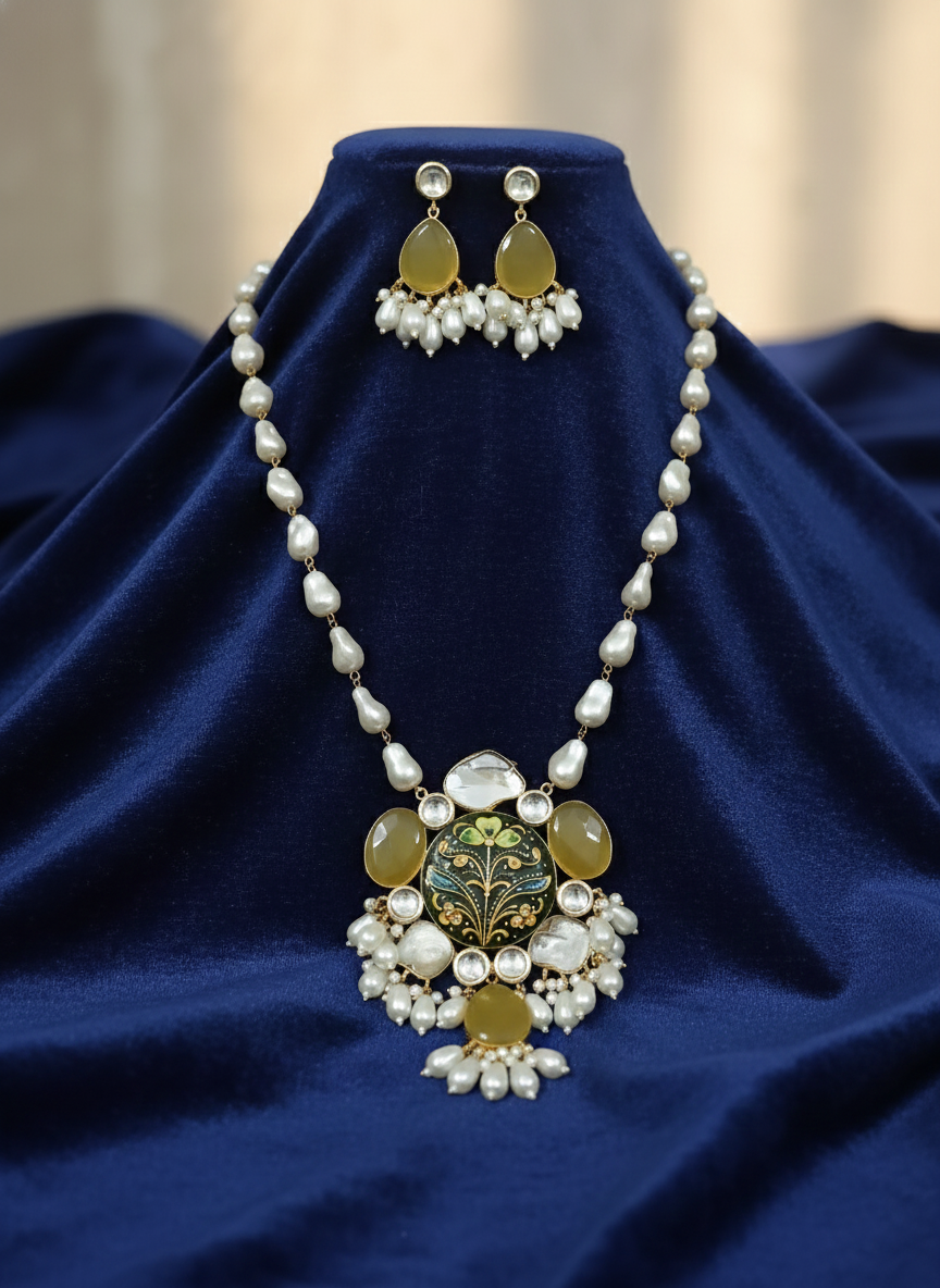 Women Handcrafted Meenakari Bridal Jewelry Set with Natural Rough Pearls & Mozonite Stones