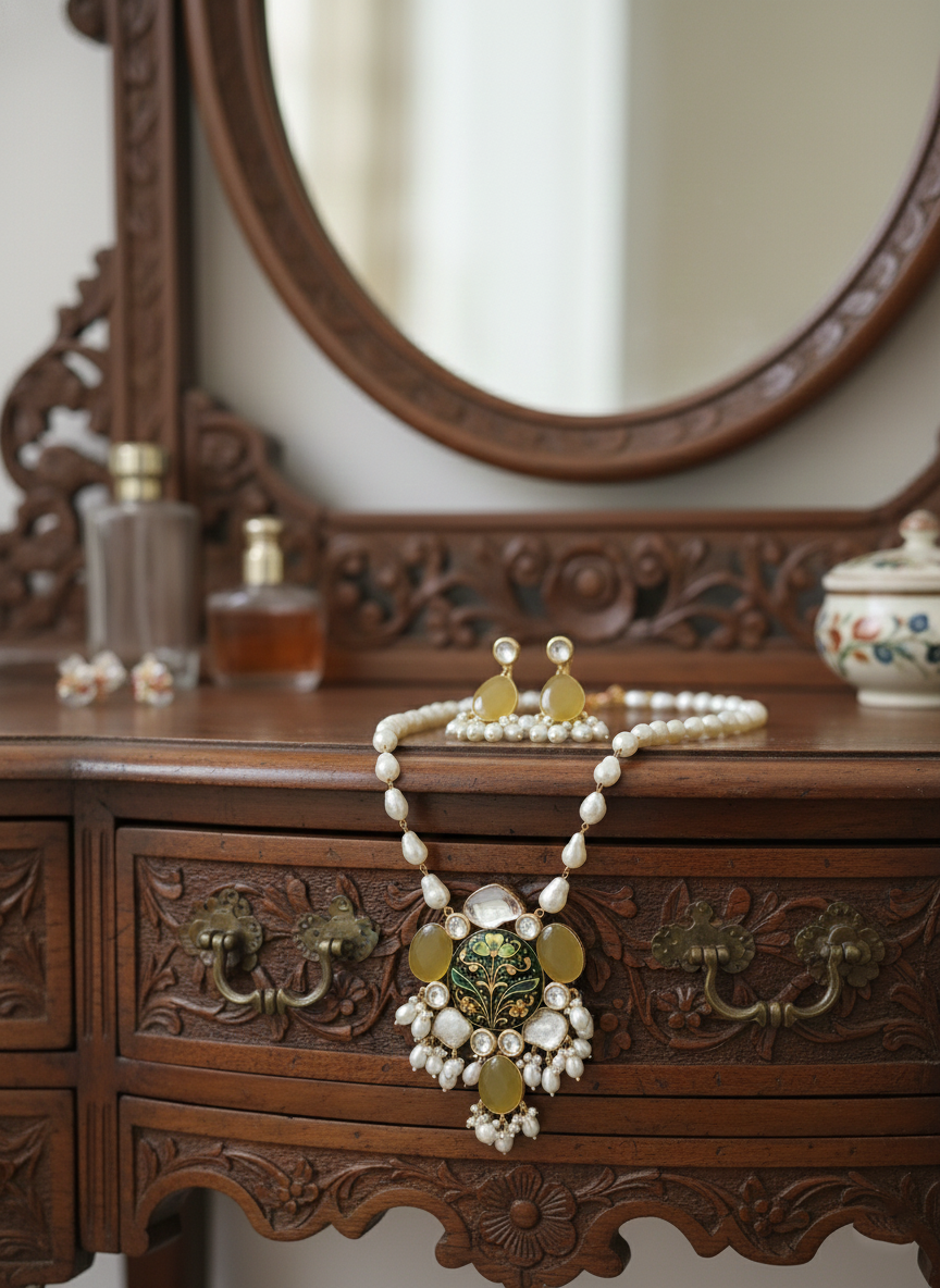 Women Handcrafted Meenakari Bridal Jewelry Set with Natural Rough Pearls & Mozonite Stones