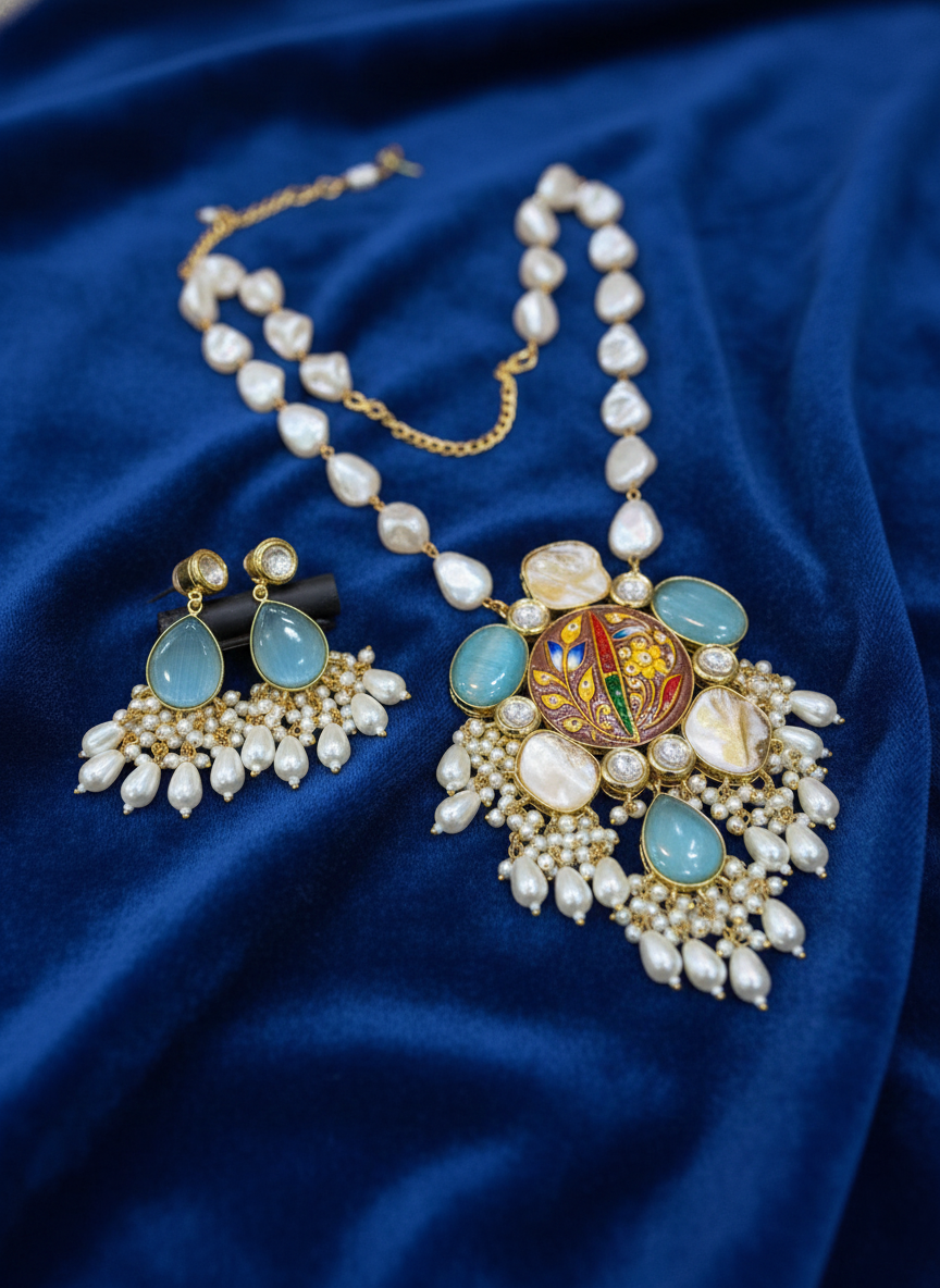 Handcrafted Meenakari Bridal Jewelry Set Women Natural Rough Pearls Turquoise Stones