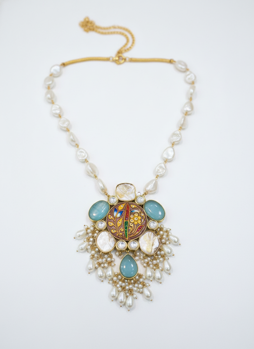Handcrafted Meenakari Bridal Jewelry Set Women Natural Rough Pearls Turquoise Stones