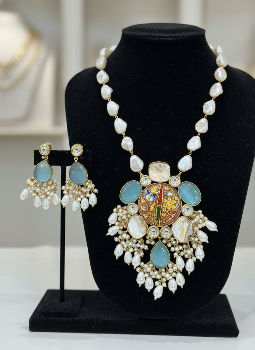 Handcrafted Meenakari Bridal Jewelry Set Women Natural Rough Pearls Turquoise Stones