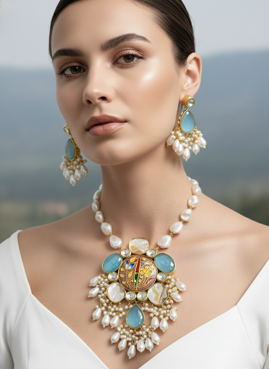 Handcrafted Meenakari Bridal Jewelry Set Women Natural Rough Pearls Turquoise Stones